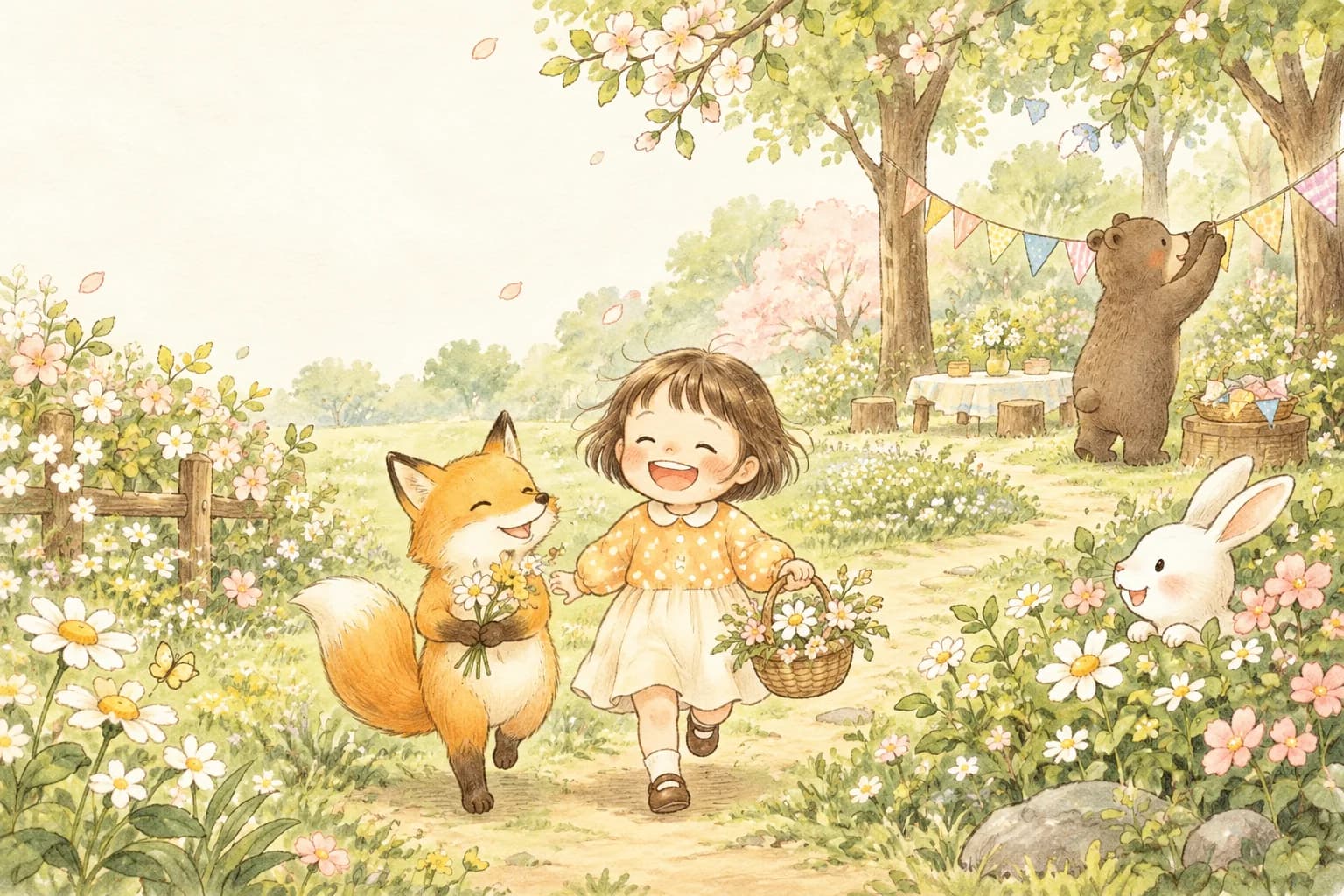 子どもときつねが花の道を歩く場面
